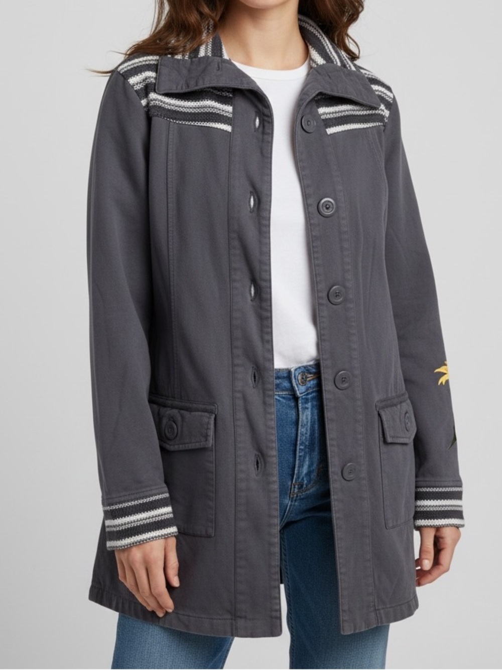 prAna Mixed Media Cotton Jacket Dark Gray Striped Knit Trim Medium